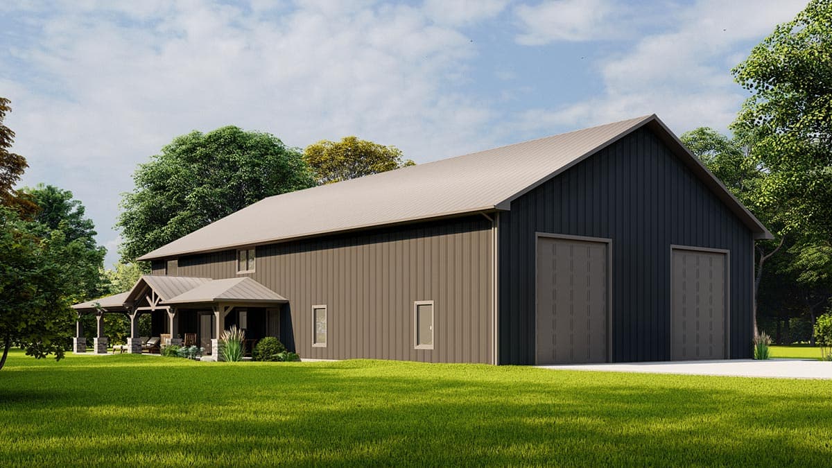 House plan exterior featuring a modern barn style with a covered porch, metal siding, and two garage doors.