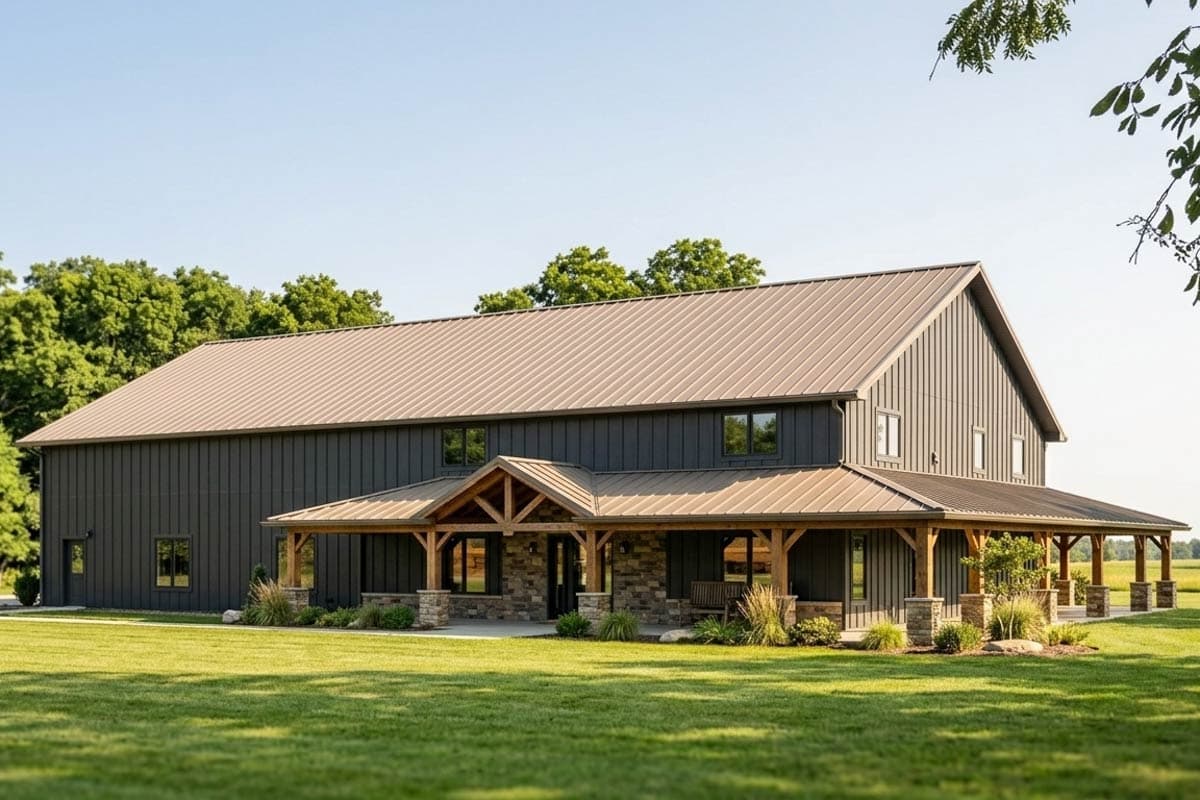 House plan exterior featuring a two-story farmhouse style with a wraparound porch, gabled roof, and stone accents on the porch pillars.