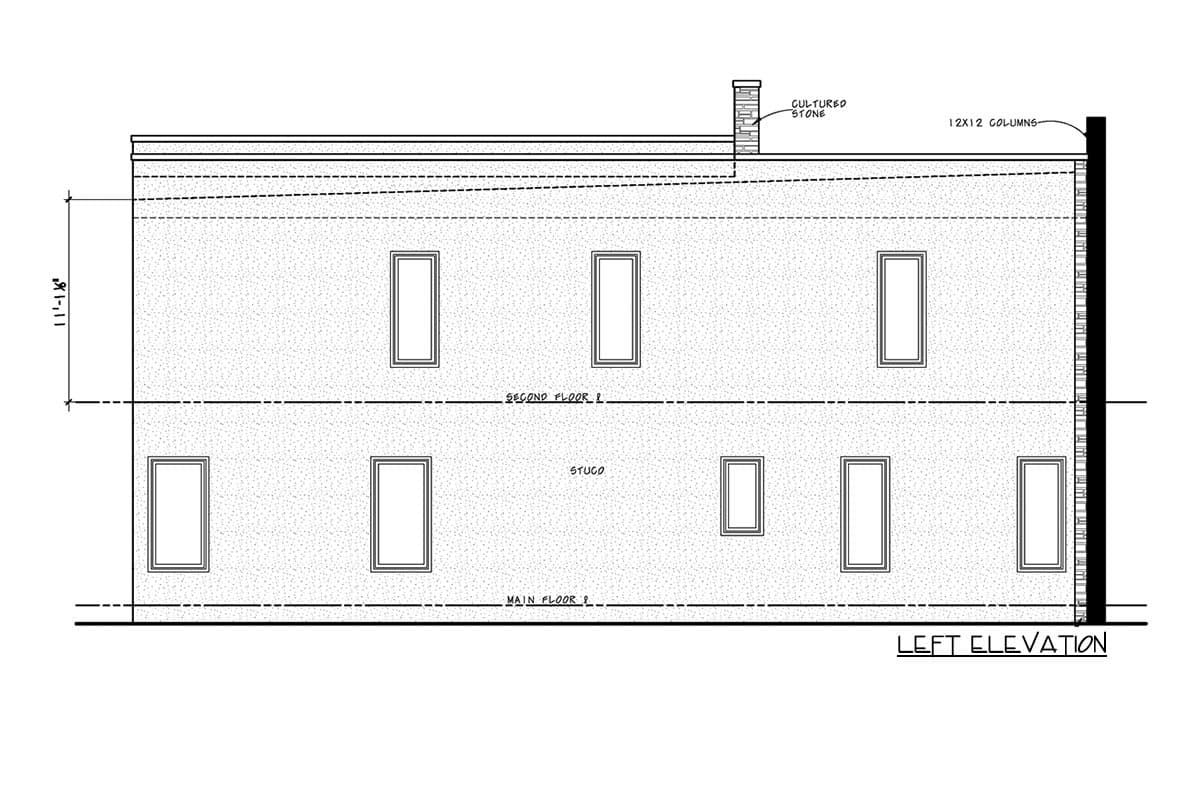 Left elevation drawing of a two-story stucco house plan with rectangular windows and cultured stone chimney detail.