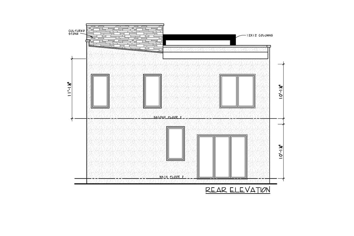 Rear elevation drawing showing two stories, cultured stone accent, and a multi-panel sliding door.