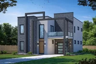 2-Story Modern Home Plan with 1-Car Garage and a Carport with Balcony Above