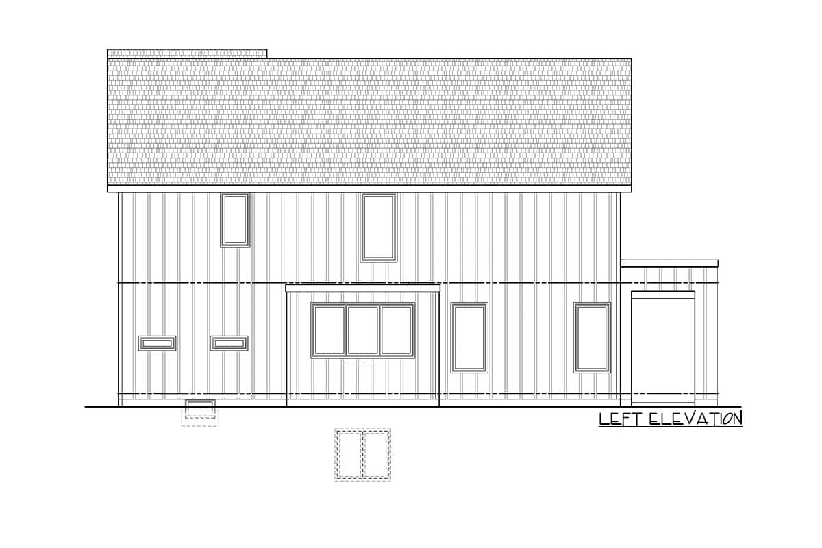 Left elevation drawing of a two-story house plan with vertical siding, varied window sizes, and a hip roof.