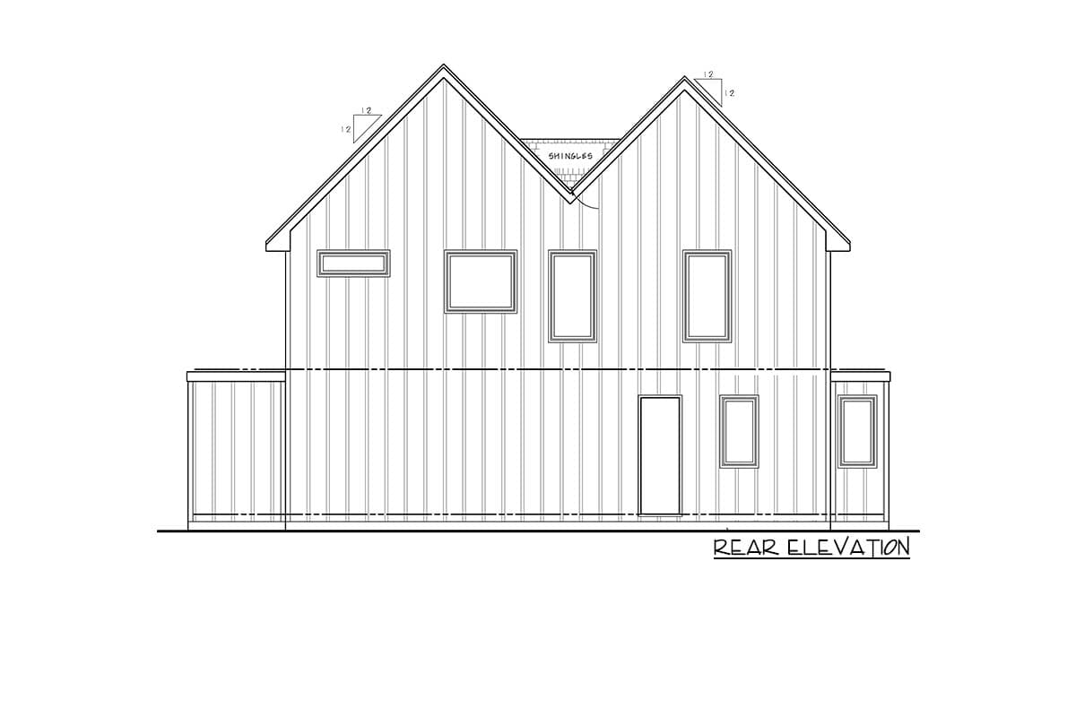 Rear elevation drawing of a two-story house plan with vertical siding, gable rooflines, and multiple windows.