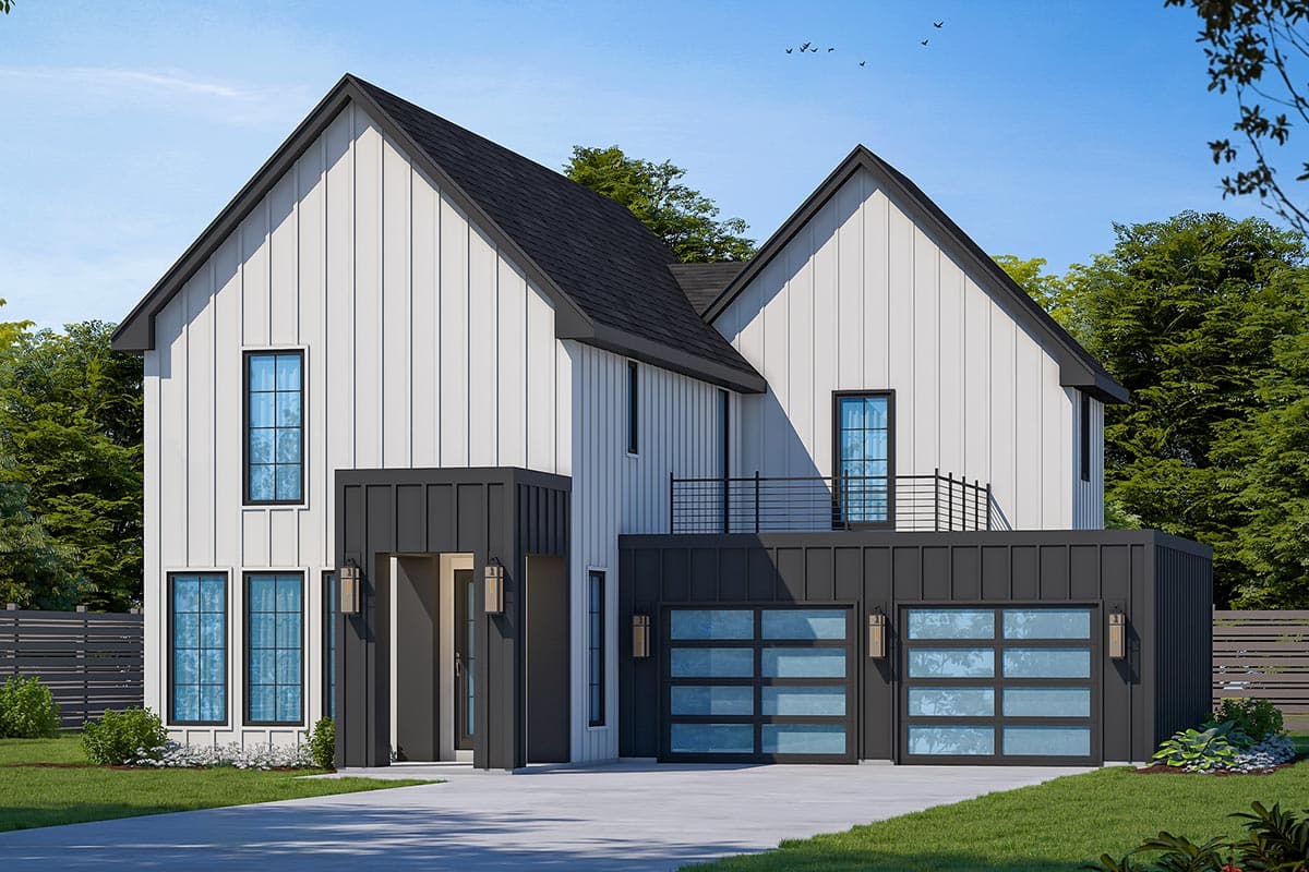 House plan exterior featuring Modern Farmhouse style with two stories, gabled rooflines, and a garage with glass doors.