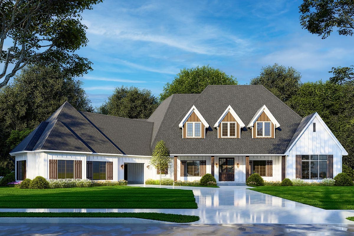 House plan exterior rendering. Modern Farmhouse style with two stories, gabled roof, dormers, and front porch with columns.