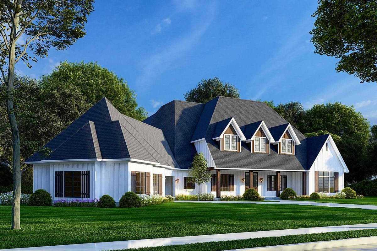 House plan exterior with white board and batten siding, multiple gables, dormer windows, and a covered front porch.