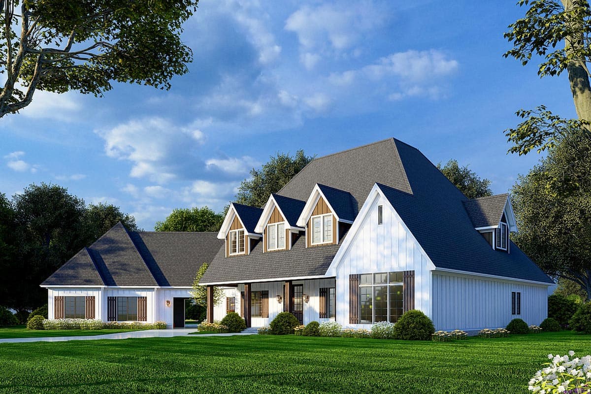 Modern Farmhouse house plan exterior with multiple gables, dormers, large windows, and covered porch.