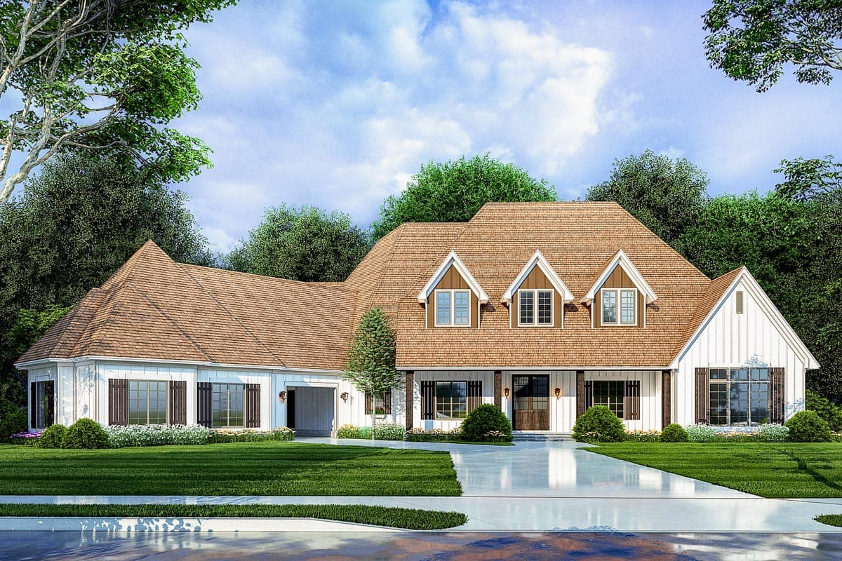 House plan exterior rendering: two-story Modern Farmhouse with multiple gables, dormers, and a covered entryway.