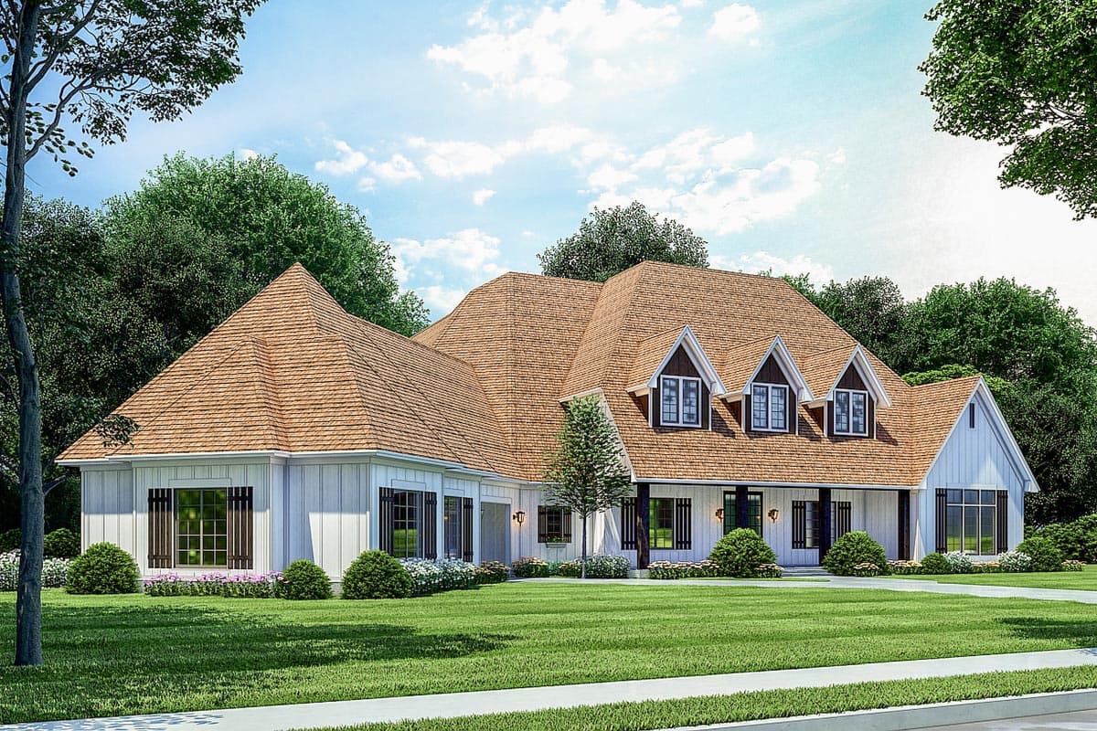 House plan exterior: Modern Farmhouse style, two stories, gable dormers, expansive roofline, and board-and-batten siding.