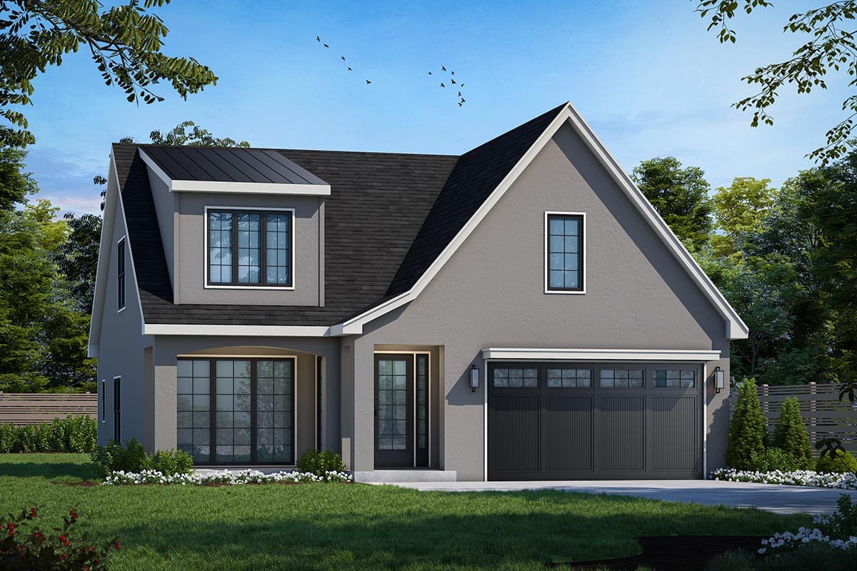 House plan exterior. Two-story home with a gabled roof, dormer, and a garage. Features include large windows and a covered entry.