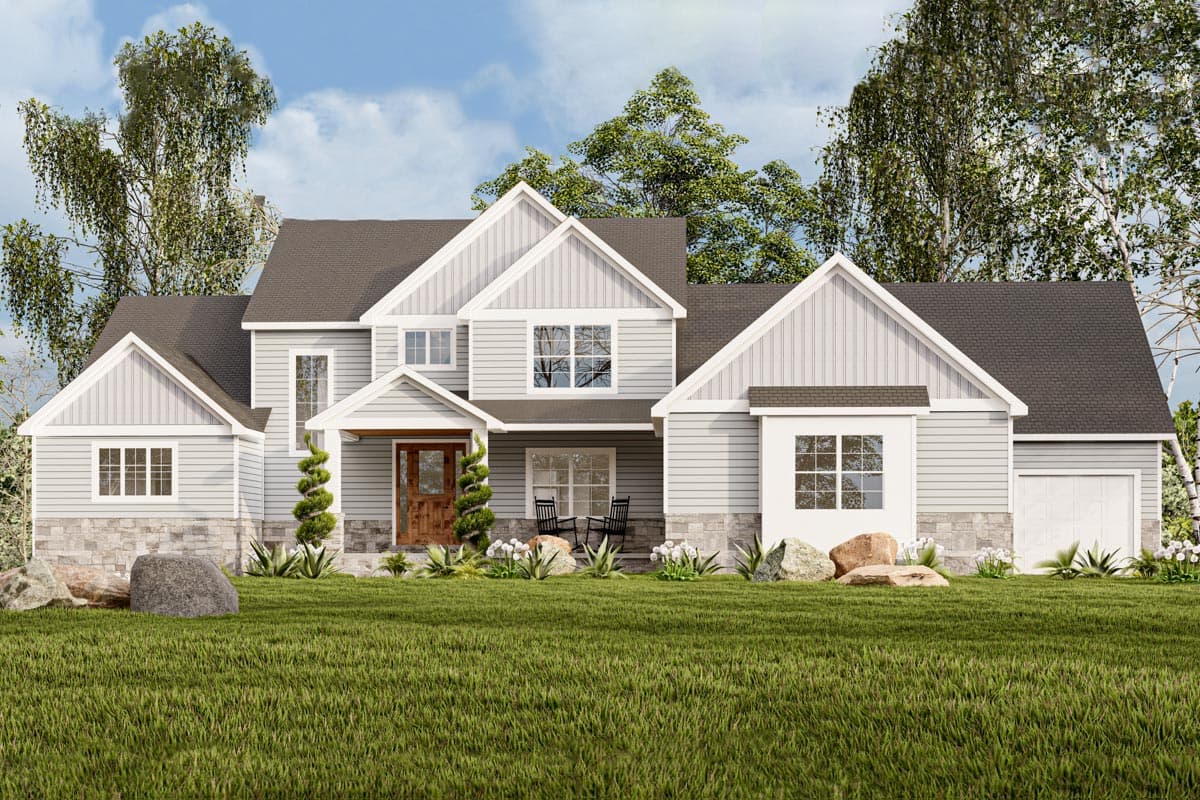 House plan exterior. Two-story, gray siding house with gables, a covered porch, and a side-entry garage.