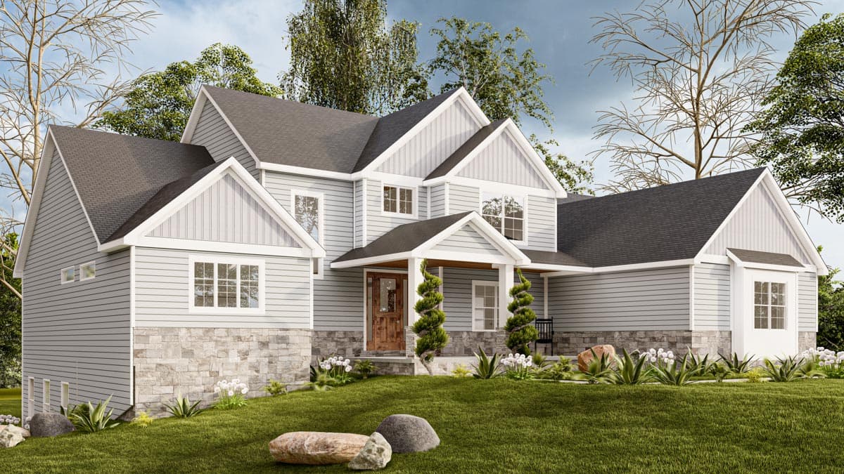 House plan exterior: Two-story Modern Farmhouse with stone base, gabled dormers, and covered front porch with wood beams.