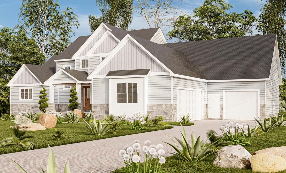 House plan exterior: two-story Modern Farmhouse with gables, stone foundation, and a three-car garage.