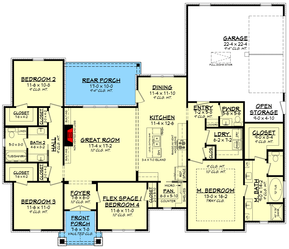 Plan 51895HZ: One-story Modern Acadian House Plan with Central Great Room and Private Master Suite - Floor Plan - Main Level - Country, Craftsman, New American, Rustic, Southern