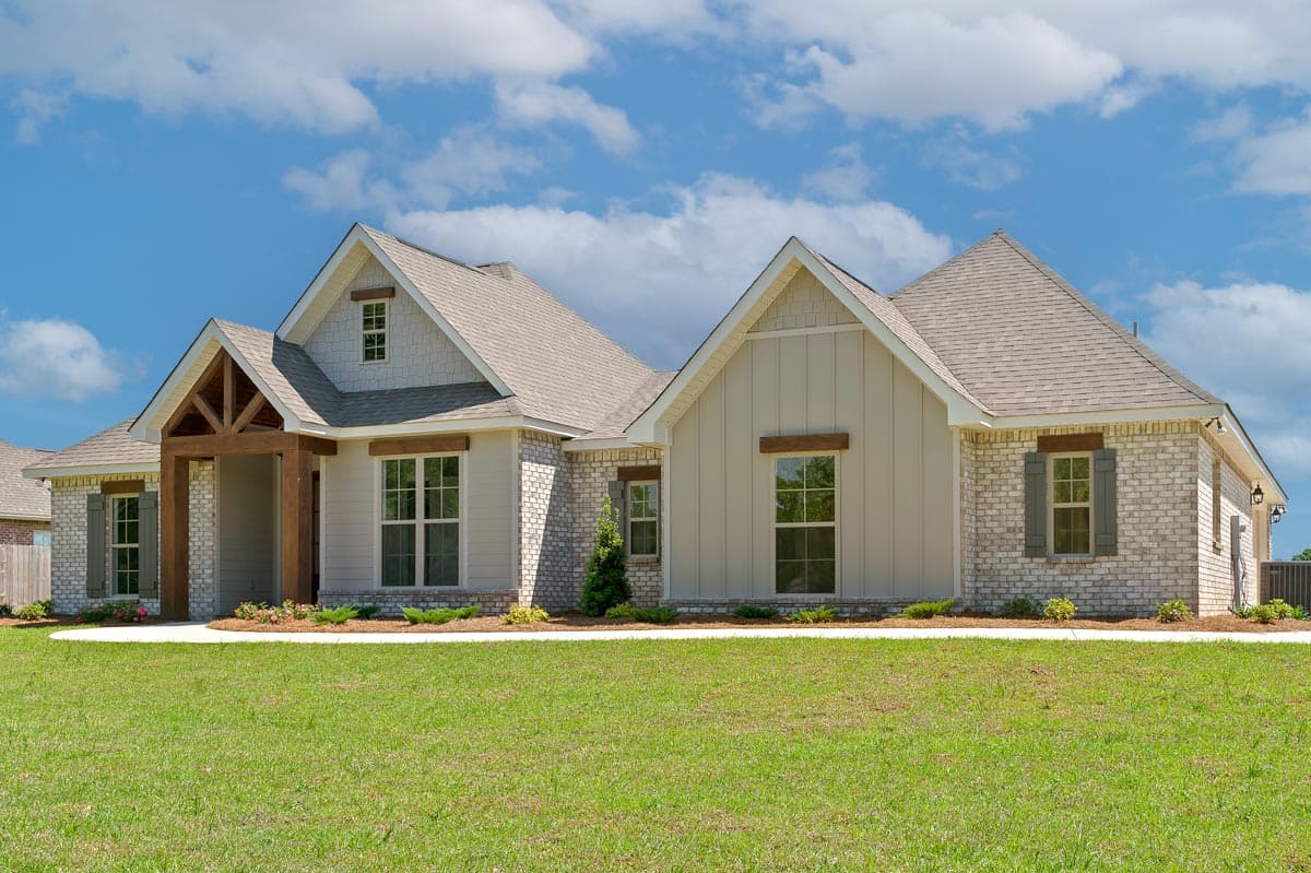 House plan exterior: One-story Modern Farmhouse with gable roof, exposed wood beams on porch, brick and vertical siding.