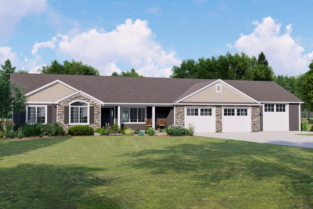 House plan exterior featuring a Ranch style home. Includes a covered porch, stone accents, and a three-car garage.