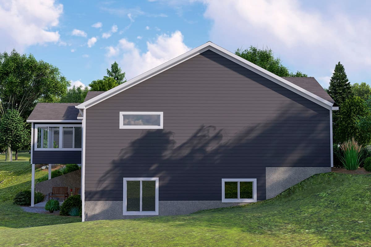 House plan exterior featuring a dark gray siding, gable roof, and a screened porch on the lower level.