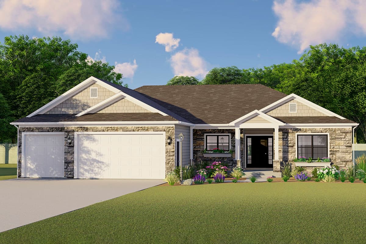 House plan exterior. Ranch style with stone facade. Features include a front porch, two-car garage, and multiple gabled rooflines.
