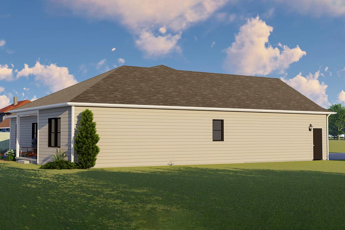 House plan exterior: single-story home with a hip roof, covered porch, and attached garage.