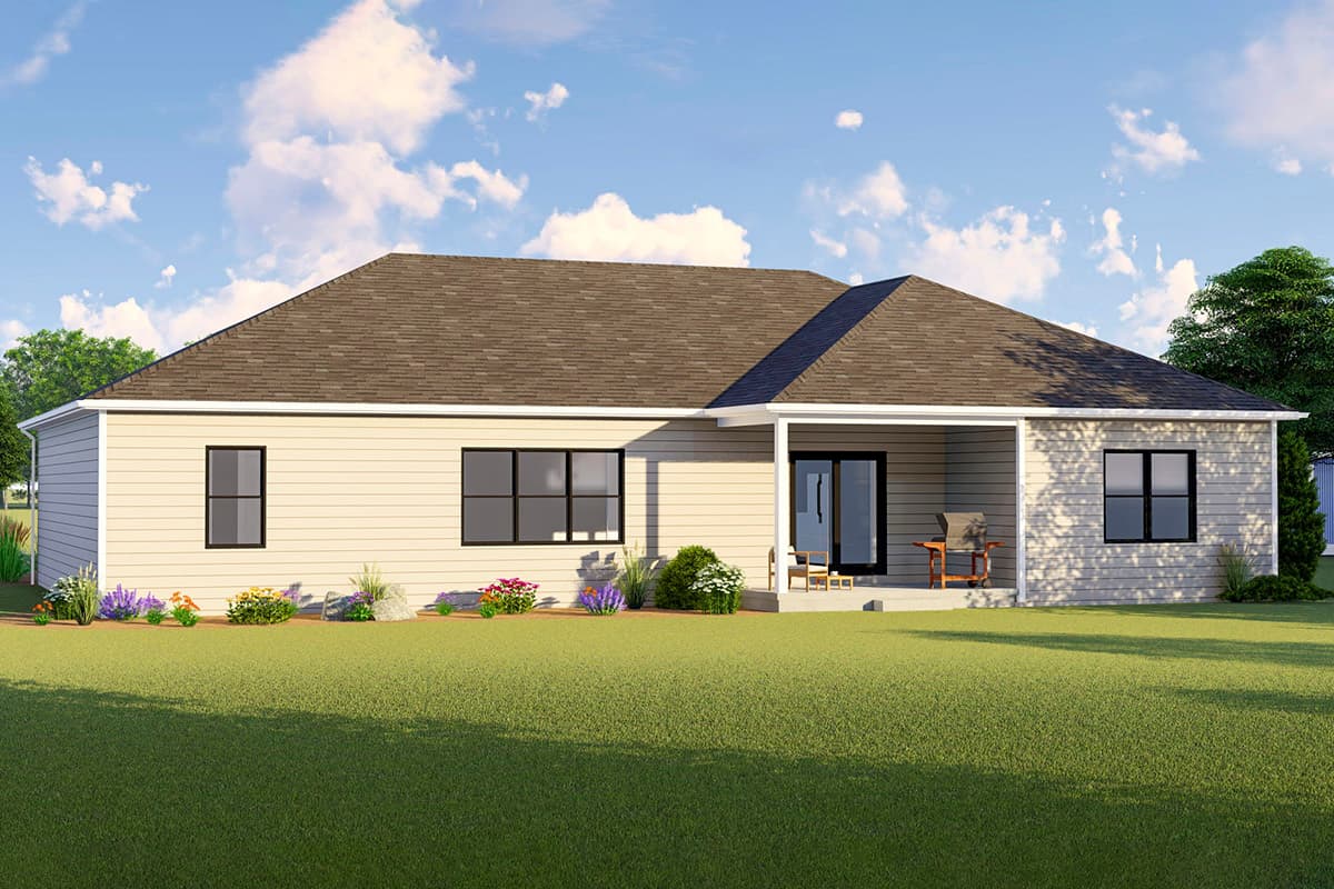 House plan exterior: one-story ranch with hip roof, covered patio with sliding glass doors, and multiple windows.