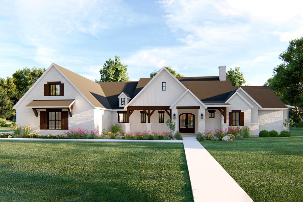 House plan exterior. Two-story Modern Farmhouse with gabled roof, covered entry porch, and dark wood shutters. Features include a white brick facade.