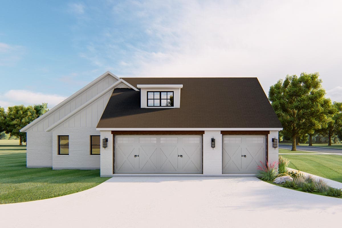 House plan exterior: Modern farmhouse style, 2-car garage with carriage doors, gable dormer, white brick facade.