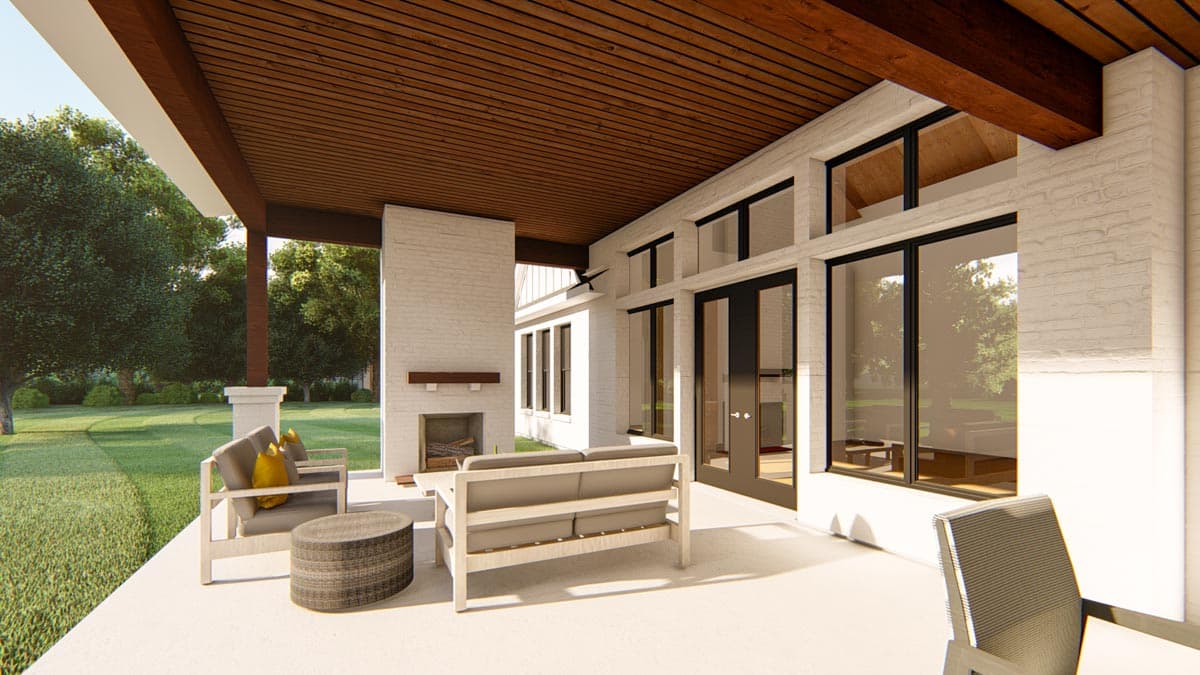 Modern house plan exterior with covered patio, outdoor fireplace, white brick, large windows, and double doors.