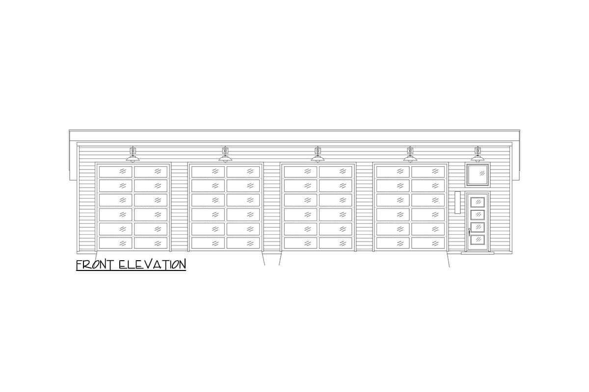 Front elevation drawing of a garage with three glass garage doors and a pedestrian door.