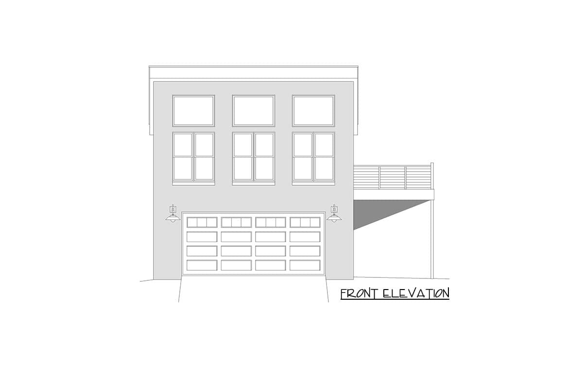 Front elevation drawing of a two-story house with a two-car garage, upper-level balcony, and multiple windows.