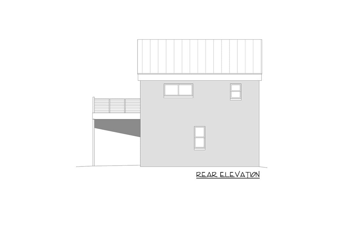 Rear elevation drawing of a house plan with a metal roof, a deck, and three rectangular windows.