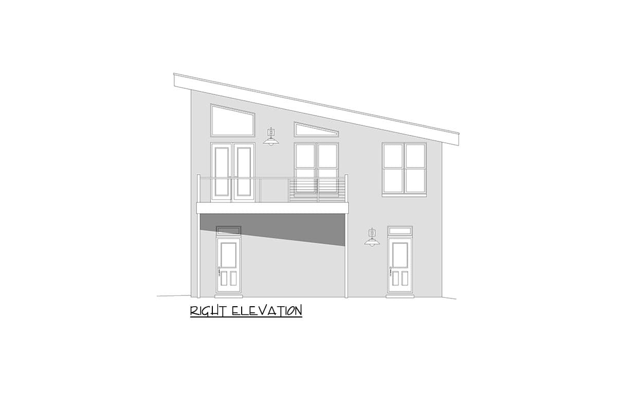 Right elevation house plan drawing shows a two-story modern design with a sloped roof, balcony, and multiple windows and doors.