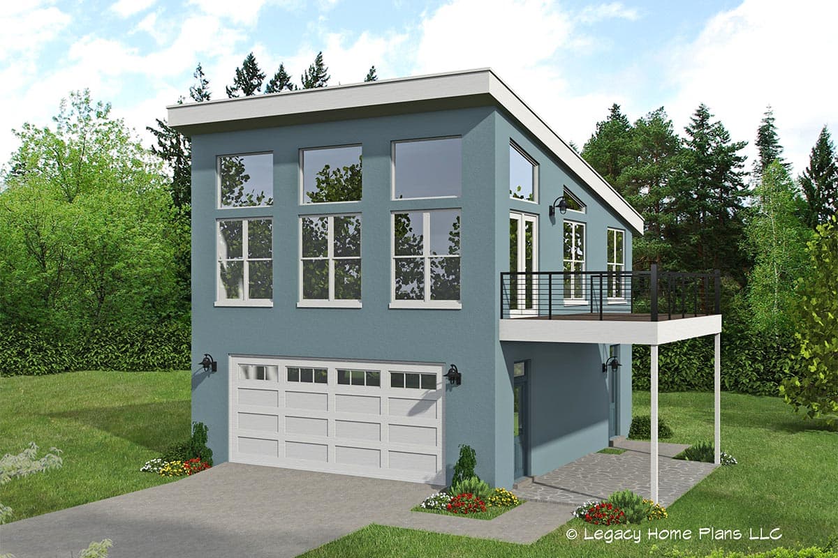 House plan exterior with modern style, two stories, large windows, a balcony, and a flat roof. Includes a garage.