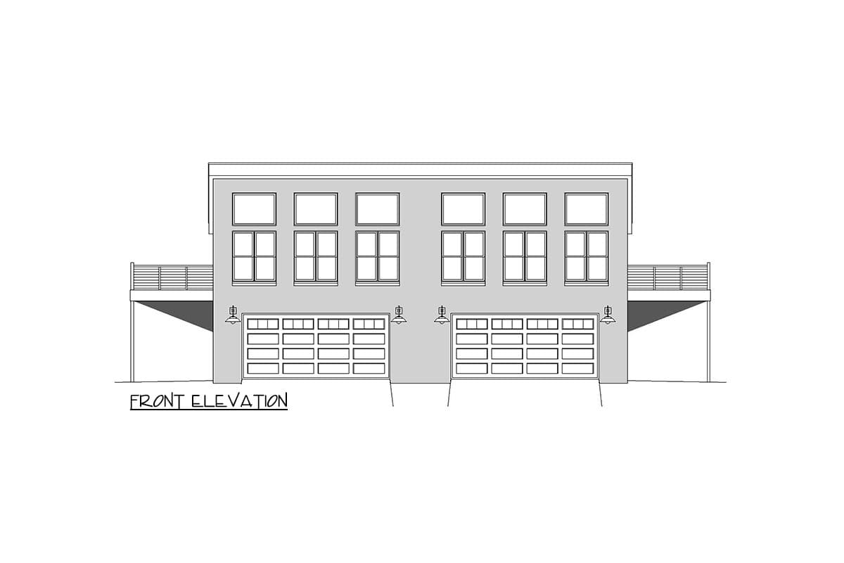 Front elevation drawing of a two-story house plan with dual garage doors and a second-story deck.