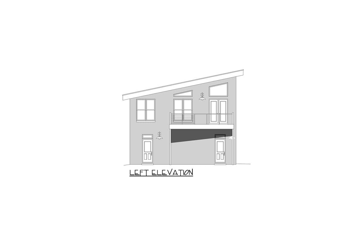 Left elevation drawing of a two-story house with a sloped roof, balcony, and multiple windows and doors.