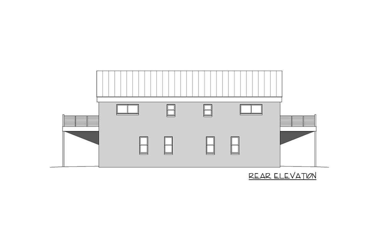 Rear elevation drawing of a house plan, showing a metal roof, multiple windows, and a deck on the left.