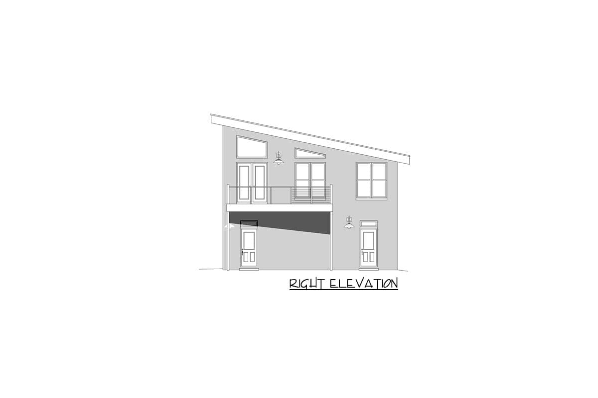 Right elevation drawing of a two-story house with a sloped roof, balcony, and multiple doors and windows.