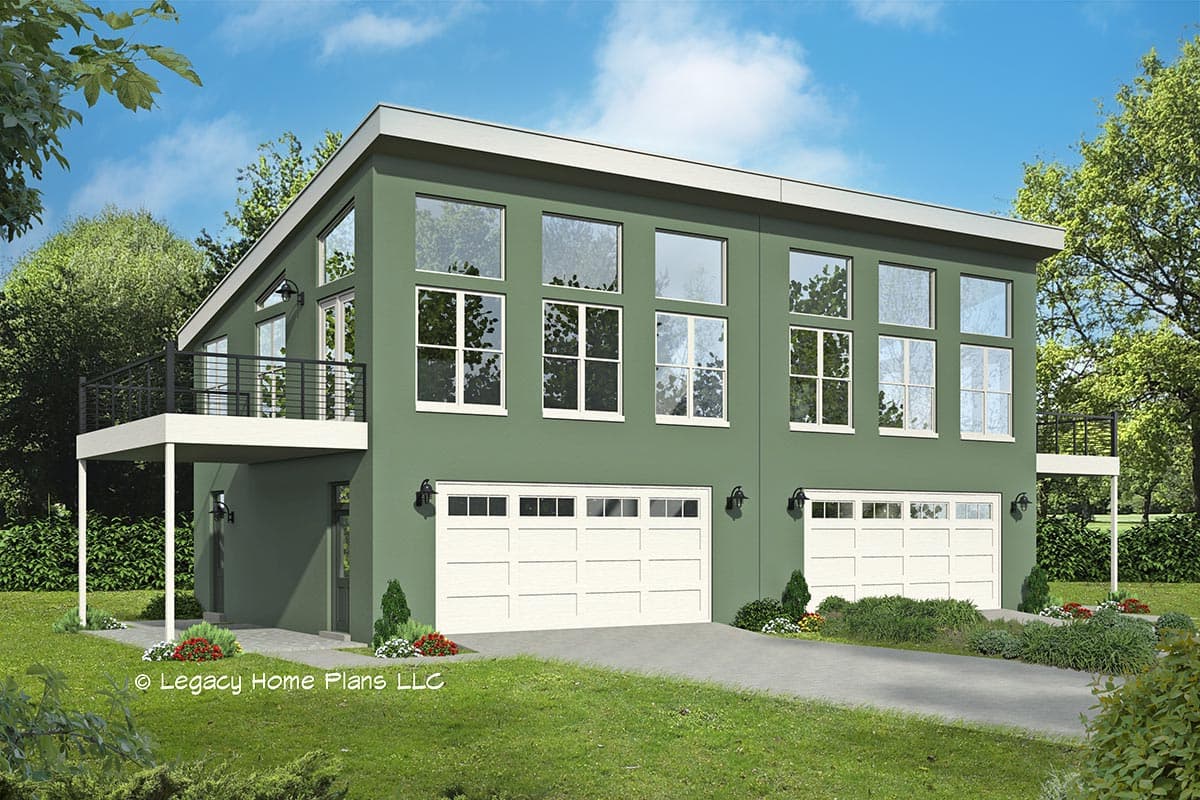 House plan exterior with modern style, two stories, large windows, flat roof, and two-car garage. Features a balcony.