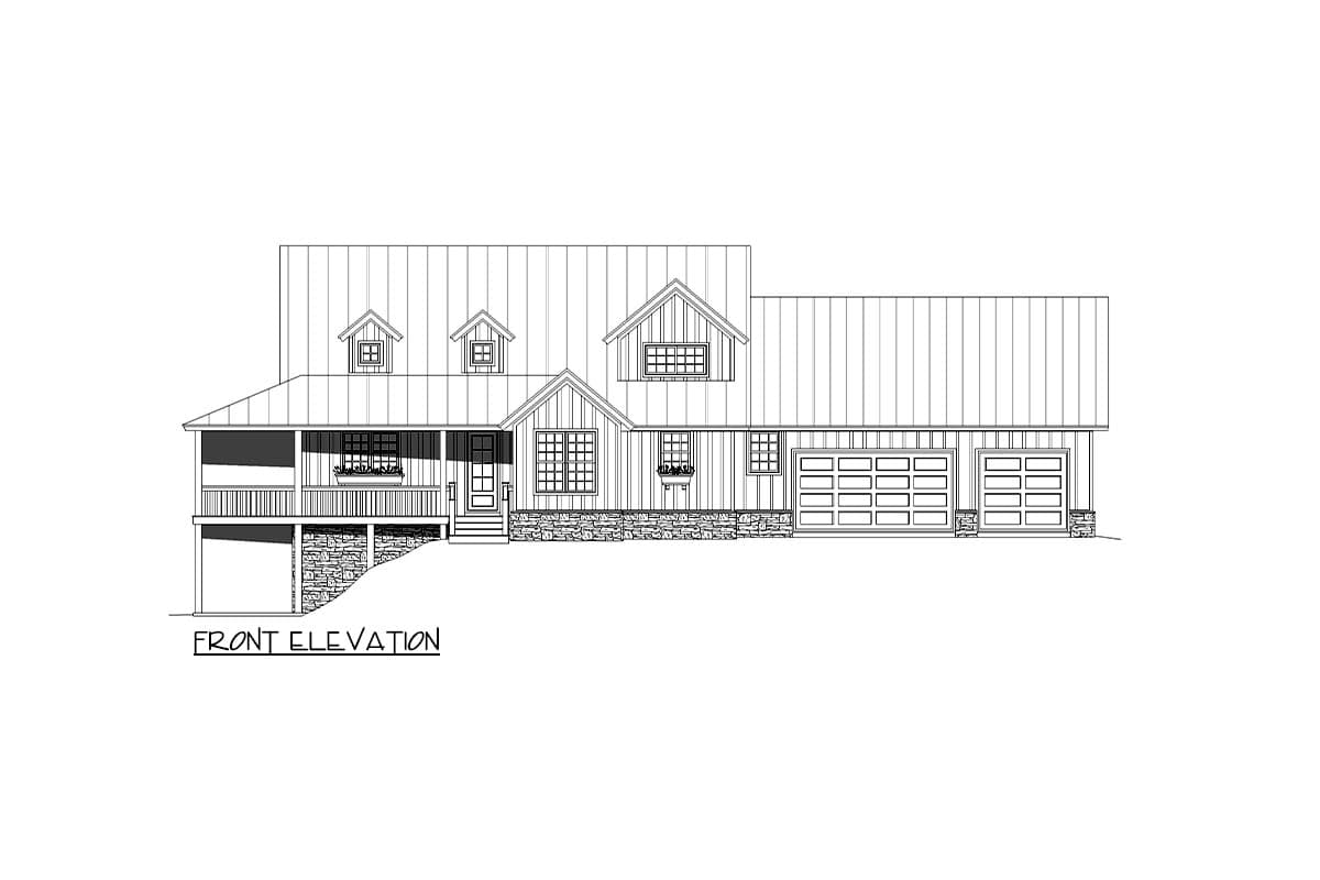 Front elevation drawing of a two-story house plan with metal roof, dormers, covered porch, stone foundation, and a three-car garage.