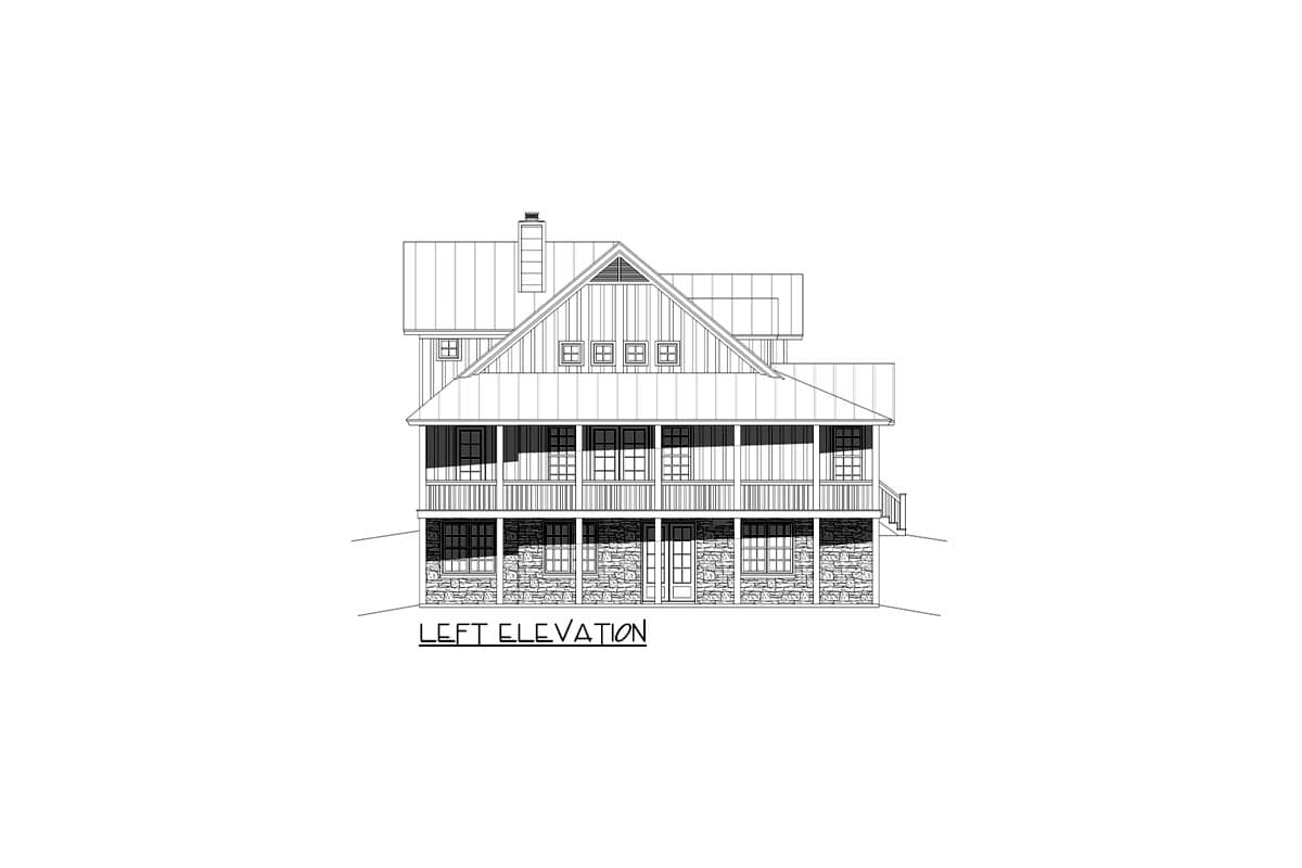 Left elevation drawing of a multi-story house plan with a gabled roof, wrap-around porch, and stone foundation.
