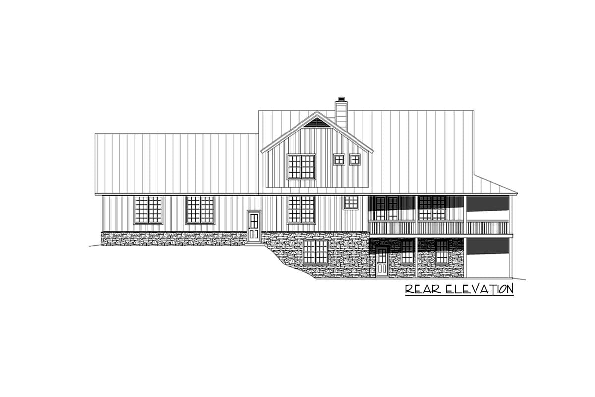 Rear elevation house plan with stone foundation, multiple windows, gable dormer, and covered balcony.