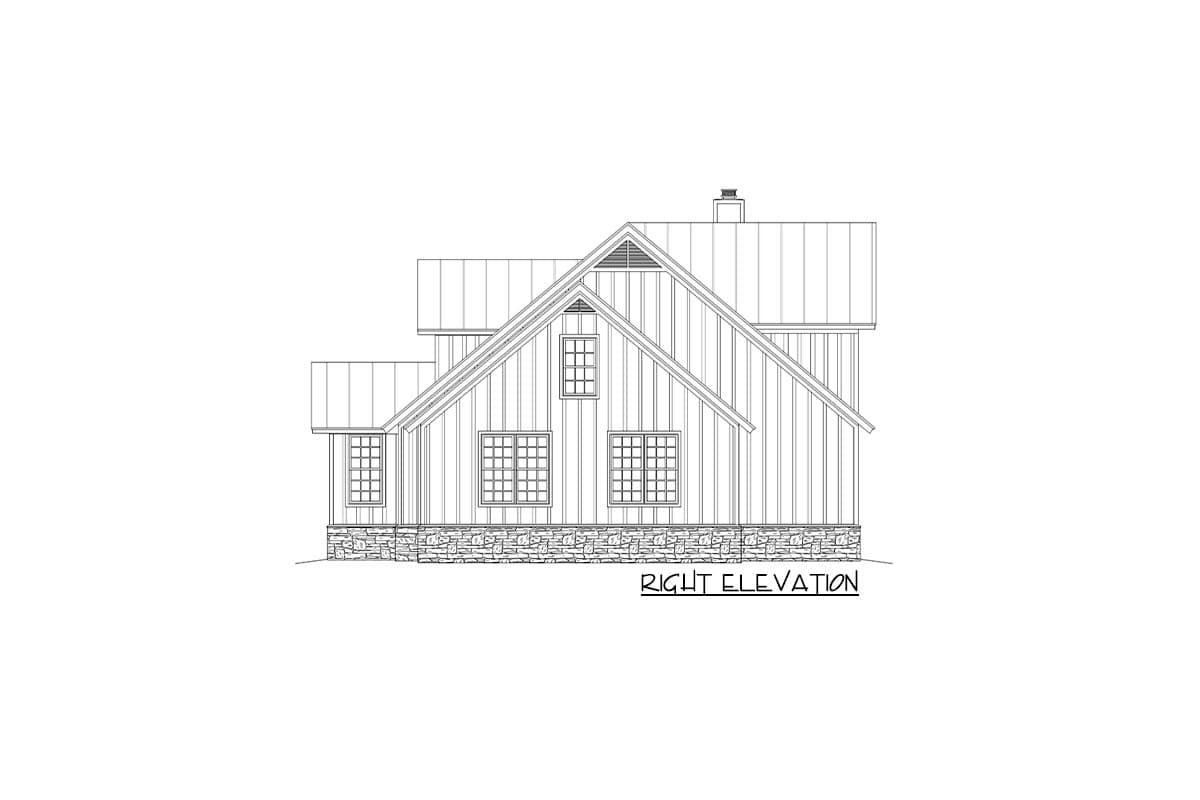 Right elevation house plan with stone foundation, vertical siding, gabled roof, dormer windows, and chimney.