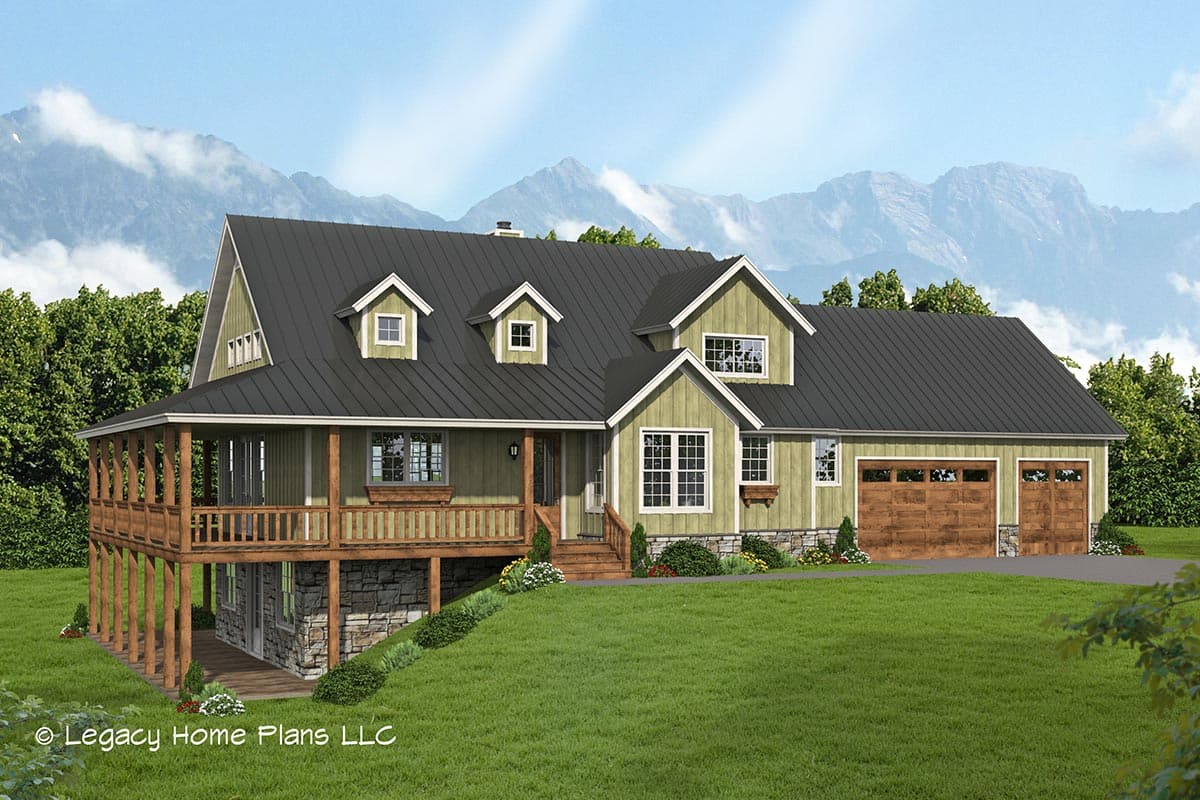 House plan exterior with Craftsman style, one story, a wrap-around porch, multiple dormers, and a detached garage.