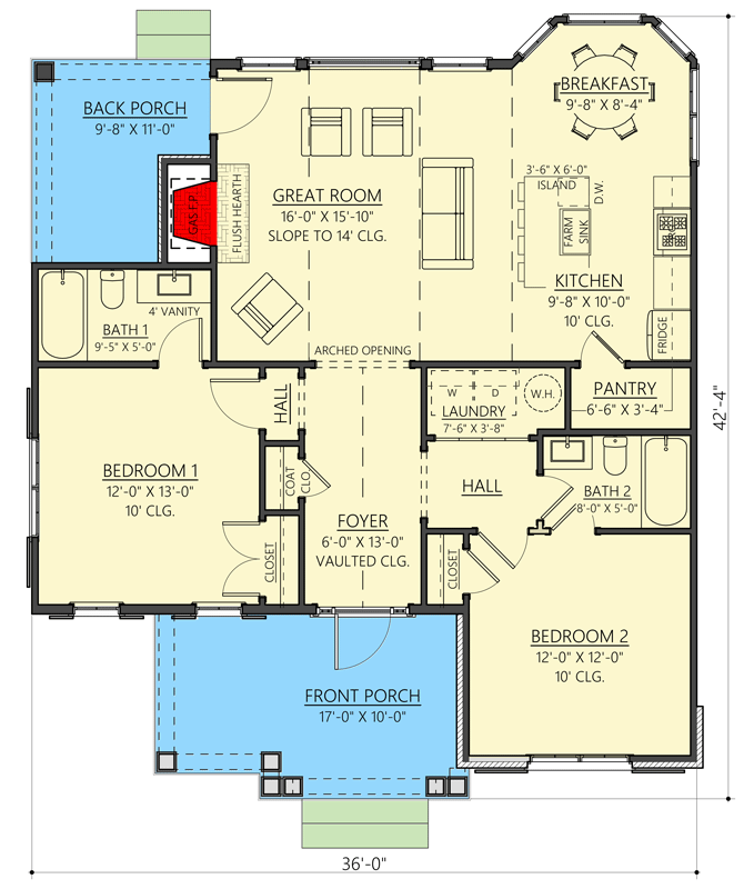 Plan 865016SHW: European Cottage House Plan with Stone Accents - 1108 Sq FT - Floor Plan - Main Level - Cottage, Country, Craftsman, European, Traditional