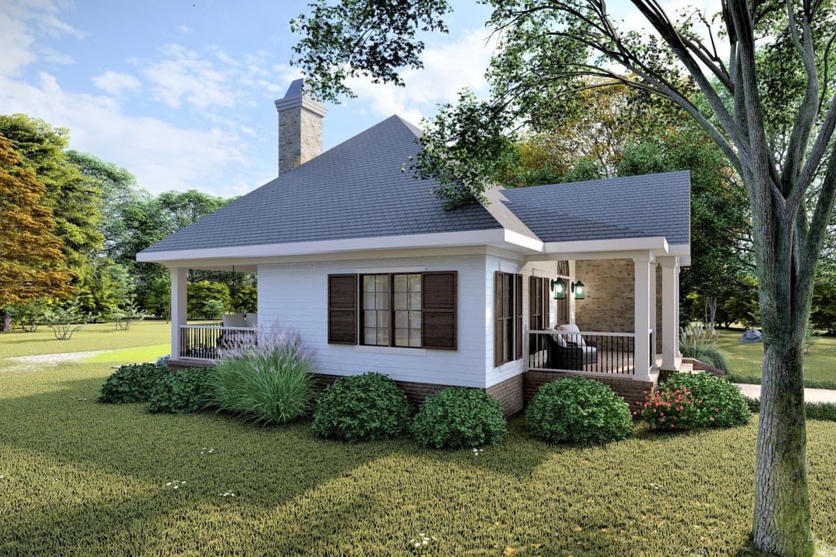 House plan exterior: single-story, white siding, gabled roof, stone chimney, porch with columns and railing.