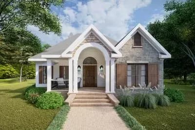 European Cottage House Plan with Stone Accents - 1108 Sq FT