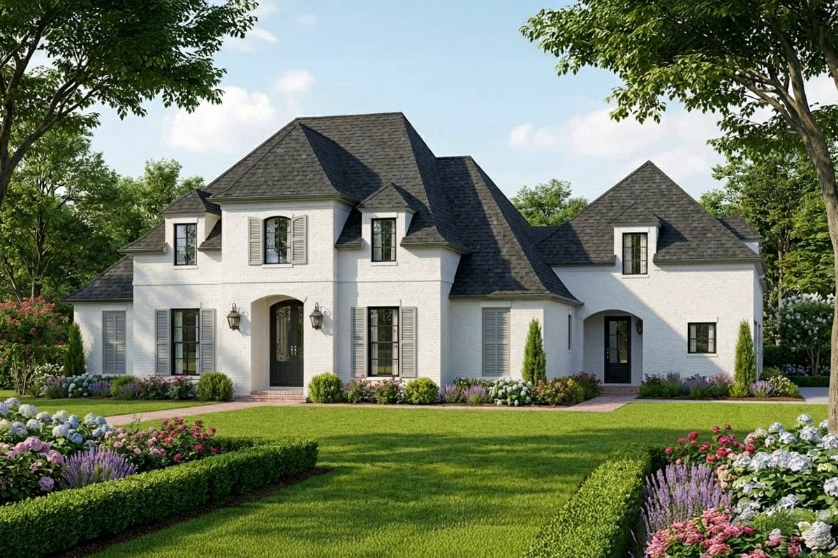House plan exterior of a two-story French Provincial style home with white brick, arched entryways, multiple gables, and dormer windows.