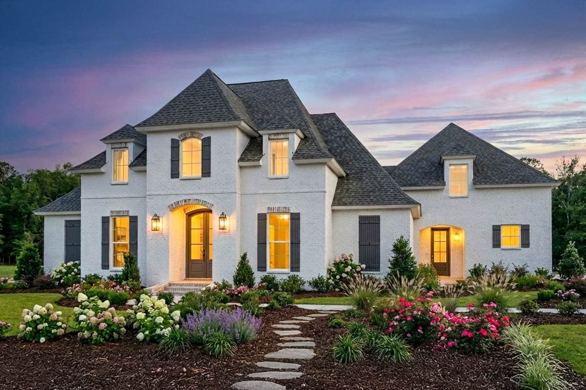 A large, two-story white brick home at dusk, with several lit windows. A stone path leads to the front door, surrounded by a garden of flowers.