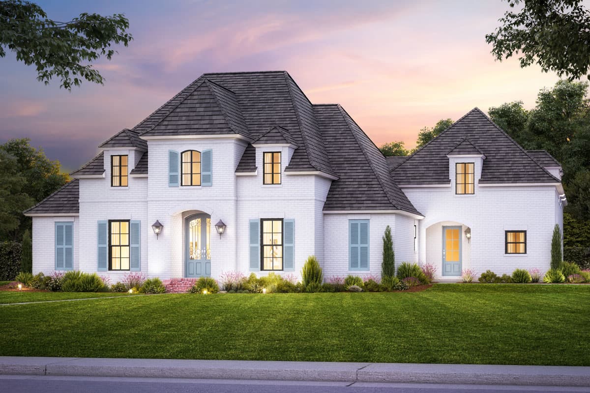 House plan exterior: Two-story white brick home with hipped roof, dormers, arched entryway, and blue shutters.
