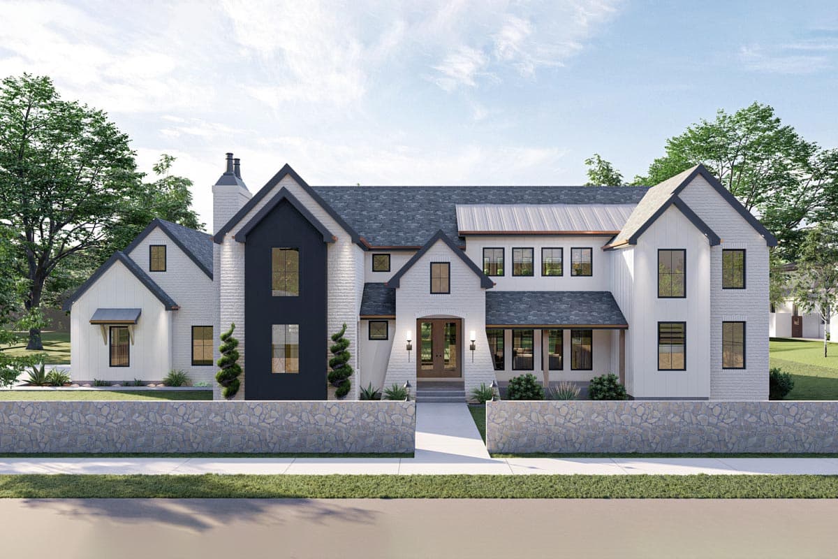 House plan exterior, Modern Farmhouse style with two stories. Features include multiple gables, a covered porch, and a contrasting dark accent facade.