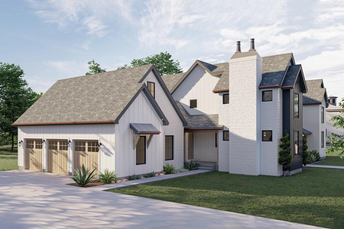 House plan exterior: Modern farmhouse style with three-car garage, white brick chimney, and multiple gables.